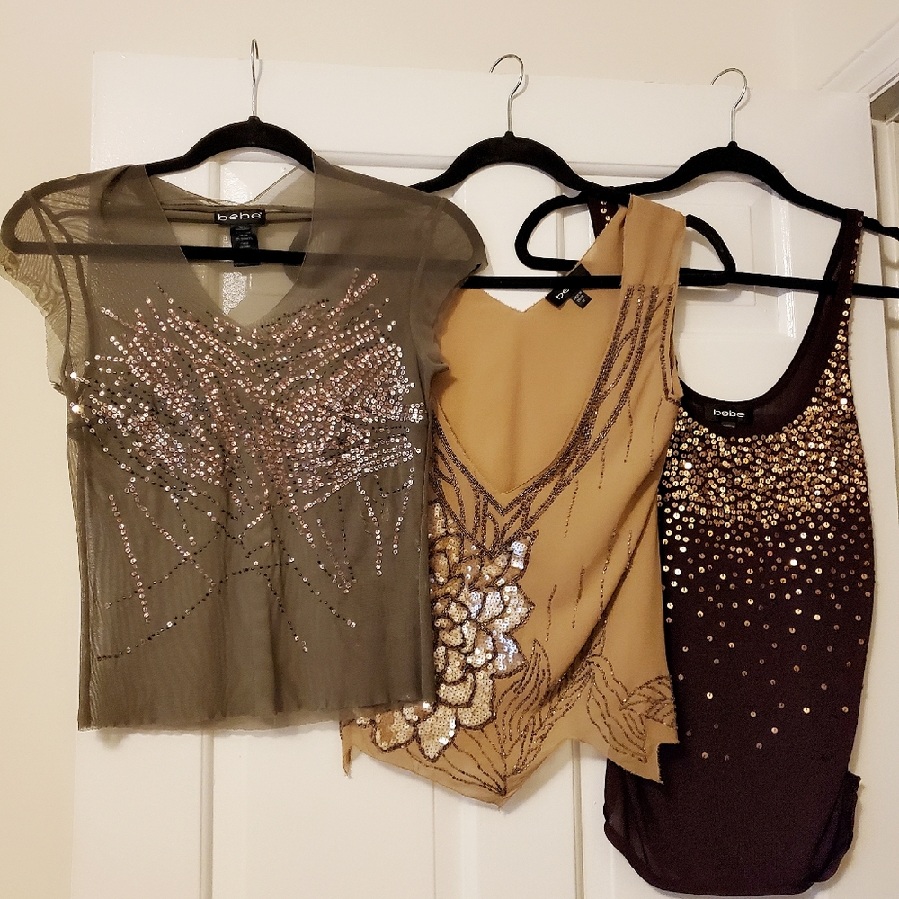 3 tops Bebe sequin sheer tank crop top Sz M